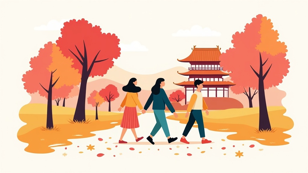 Autumn in Japan - Friends walking through colorful maple trees in Kyoto