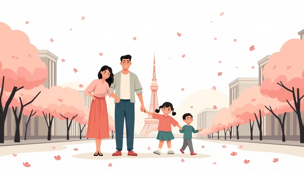 Spring in Japan - A family walking under cherry blossom trees near Tokyo Tower