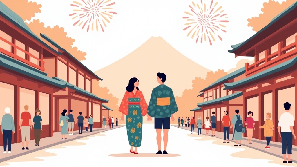 Summer in Japan - A couple enjoying a traditional matsuri festival with fireworks
