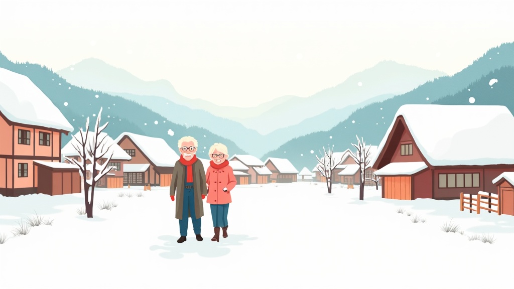 Winter in Japan - A couple exploring a snowy traditional village